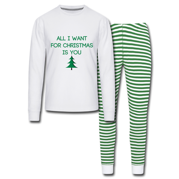 All I Want For Christmas Is You Unisex Pajama Set - white/green stripe