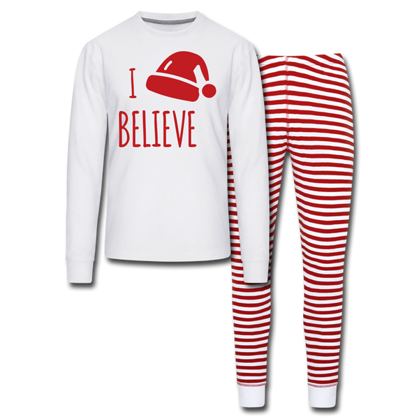 I Believe Unisex Christmas Pajama Set - white/red stripe