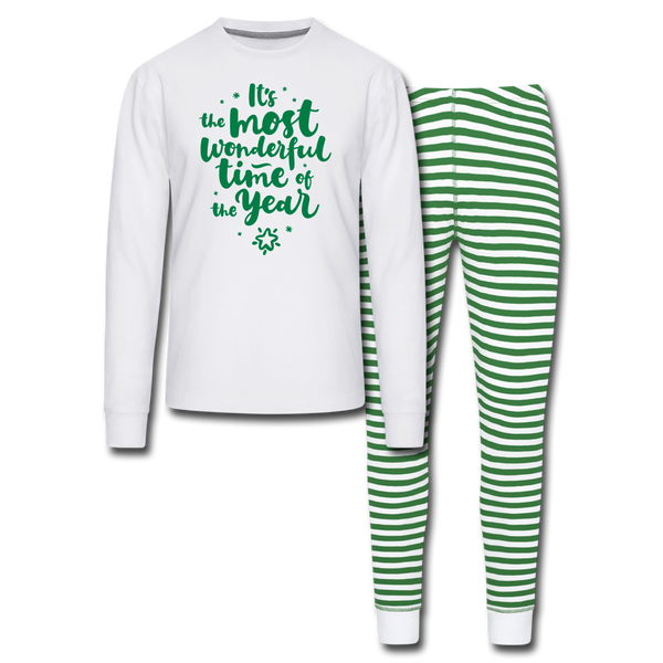 The Most Wonderful Time of the Year Unisex Christmas Pajama Set - white/green stripe