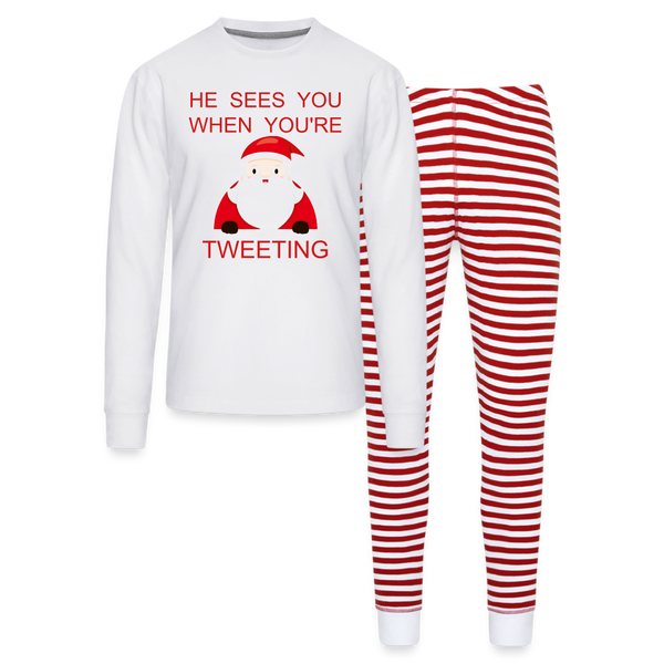 He Sees You When You're Tweeting Unisex Christmas Pajama Set - white/red stripe